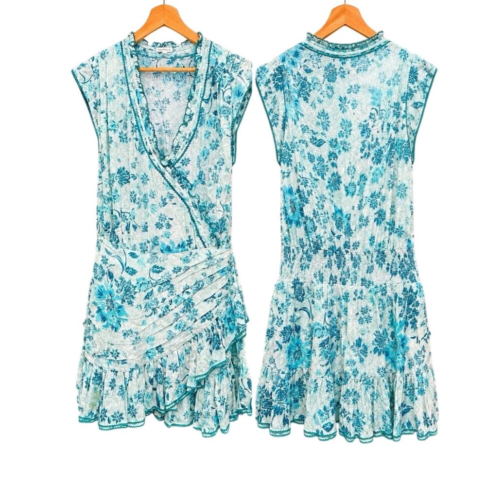 Poupette St Barth Blue Floral Ruffle Wrap Dress Boho Mini Medium Coastal